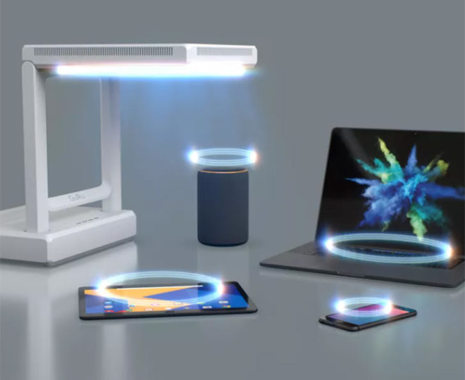 GuRu's wireless power tiles were on display Wednesday at Tech World 2021, an event run by Motorola parent company Lenovo.